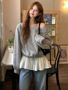 DAZY Women's Korean Style Asymmetrical Shoulder Long Sleeve Sweatshirt School Cute Tops - Grey - View 3