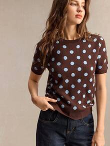 BizChic Atasan Rajut Wanita Motif Polkadot Kasual Serbaguna untuk Pemakaian Sehari-hari - Coklat - View 4