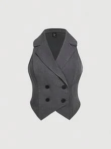 SHEIN MOD 大尺碼優雅商務正式缺口領背心與長褲兩件套，適合秋冬通勤與日常穿著 - 灰色 - 查看 7