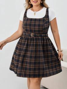 SHEIN CURVE+ Plus Size White Chocolate Brown Plaid Mini Dress, Square Neck, With Belt, Fall Winter 2026 22W - Multicolor - View 8