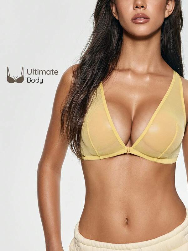 SHAPORA 1pc Pure Mesh Yellow Wireless Double Row Hook Push-Up Side-Smoothing Bra For Women