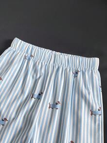 SHEIN Elladie kids 2件/套基礎休閒慵懶純色套裝，馬印花，不對稱下擺，側面抓皺設計，圓領短袖T恤，搭配黃色條紋紋理布料直筒長褲，適合日常/外出等多種場合，春季/夏季/四季皆宜 - 藍色 - 查看 5