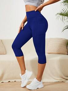 SHEIN Sports 純色高腰無縫運動緊身褲 - 寶藍色 - 查看 5