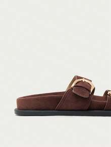 Nöista Modern Double Strap Sandals, Soft Brown Suede Effect, With Oversized Gold Buckle And Cushioned Insole - Coffee Brown - View 7