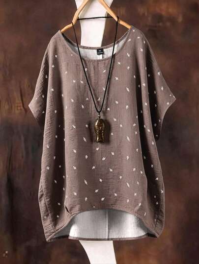 GlowEve CURVE Plus Size Spring/Summer New Versatile Casual Tropical Plant Print Round Neck Shirt