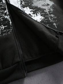ROMWE MEN Street Life 男士休閒圖案街頭風哥德印花開襟連帽外套 - 黑色 - 查看 5