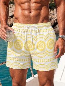 Azuldrift Men's Drawstring Waist Geometric Print Casual Vacation Beach Shorts Holiday / Vacation / Beach / Hawaii / Tropical / Swim /  Bathing - Light Yellow - View 4