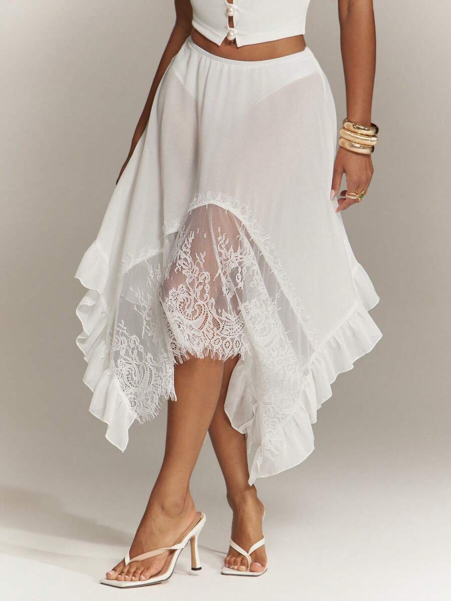 Denimoi Falda Semitransparente Fluida con Dobladillo Asimétrico y Ribete de Encaje Sexy Faldas Euro Verano Vacaciones GNO - Blanco - Ver 1