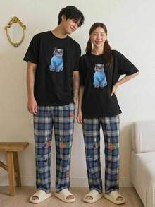 DAZY Men's Round Neck Cat Print Short Sleeve Top And Plaid Long Pants Casual Daily Home Wear Set - Multicolor - View 3