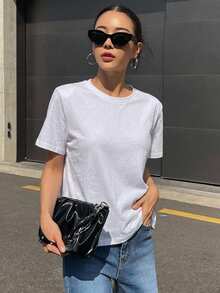 DAZY 女款純色圓領短袖休閒百搭T恤 夏季 - 白色 - 查看 5