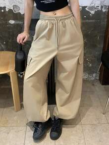 DAZY 素色寬鬆百褶長褲運動休閒春季女款運動褲 - 卡其色 - 查看 6