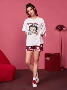 Betty Boop x SHEIN 女款卡通印花T恤短褲睡衣套裝 - 白色 - 查看 3