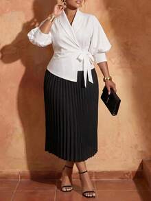 Veslaya Plus Size Women Solid Color Shawl Collar Side Tie Waist Jacket And Pleated Skirt Elegant Suit Set - Black and White - View 4