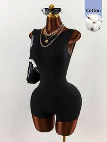 Amplova Women's Solid Color Backless Round Neck Sleeveless Fashionable Minimalist Tight Jumpsuit, Summer - Black - View 12