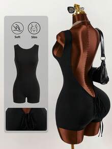 Amplova Women's Solid Color Backless Round Neck Sleeveless Fashionable Minimalist Tight Jumpsuit, Summer - Black - View 13