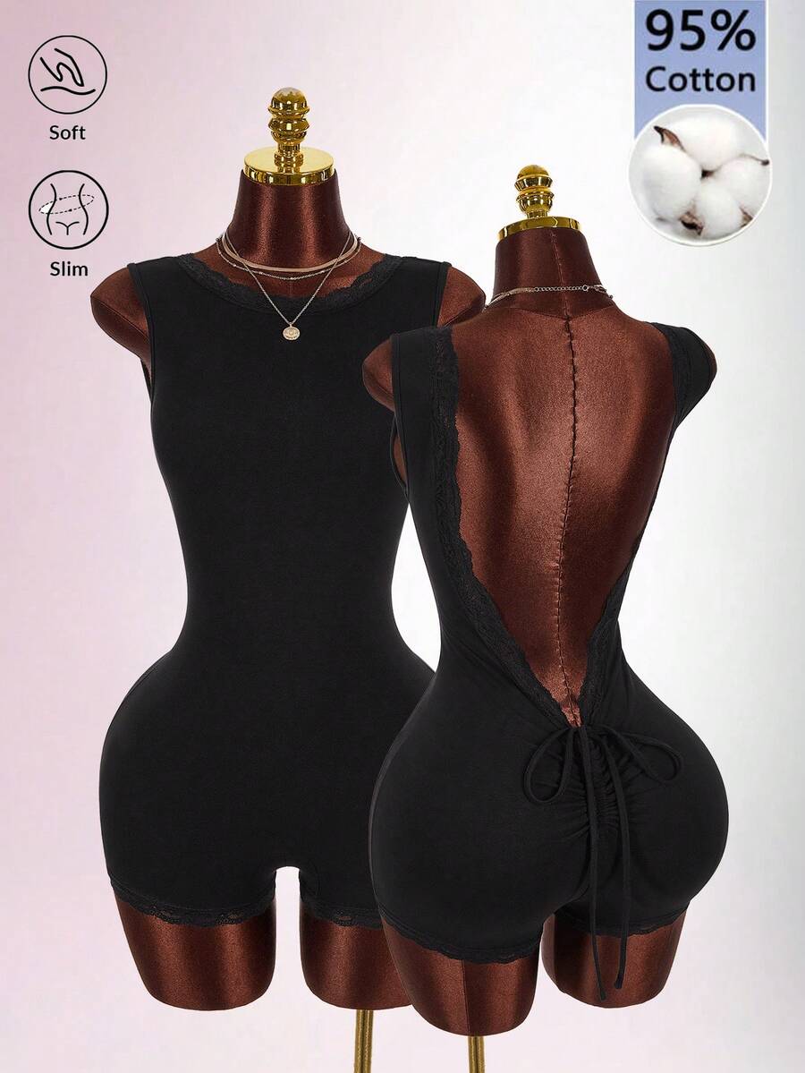 Amplova Women's French Lace Patchwork Fashion Fitted Romper Unitard - Black - View 1