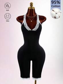 Amplova Jumpsuit Wanita Musim Gugur Elegan Potongan Rendah Katun Murni dengan Renda Kontras Panjang Sedang - Hitam - View 14