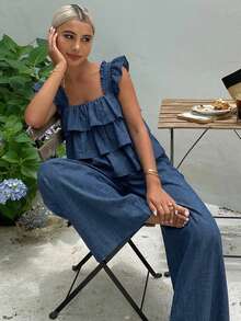 Livesso Tall Women's Ruffle Tank Top And Loose Long Pants Vacation Style Two Pieces Set Summer - Blue - View 7