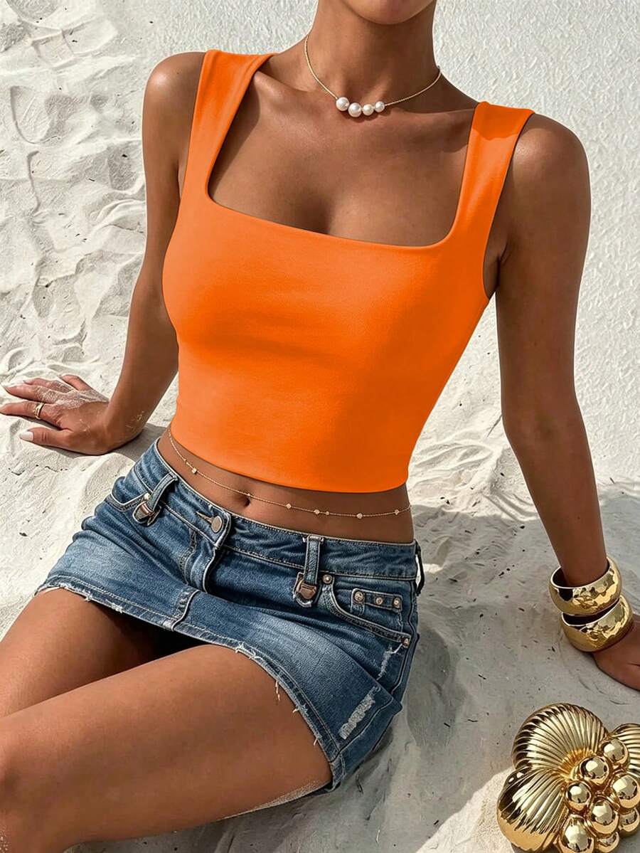 Chiquease Top de tirantes sin mangas con cuello cuadrado naranja para mujer, top casual de verano revelador para streetwear, salidas nocturnas, fiestas EDM, conciertos, discotecas y cumpleaños - Naranja - Ver 1