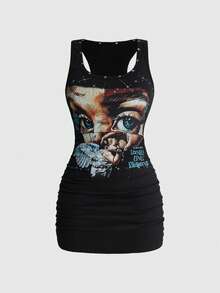 ROMWE Street Life Plus Woman Retro Baddie Unisex Streetwear Angel Face Print Pentagram Studded Bodycon Mini D - Hitam - View 1