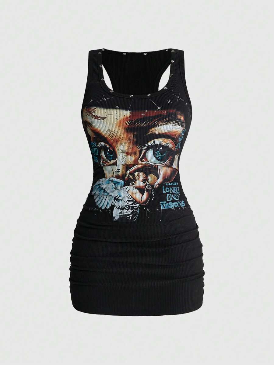 ROMWE Street Life Plus Woman Retro Baddie Unisex Streetwear Angel Face Print Pentagram Studded Bodycon Mini D - Hitam - View 1