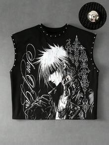 ROMWE MEN Street Life Camiseta sin mangas holgada con estampado y decoración de remaches para hombre - Negro - Ver 1