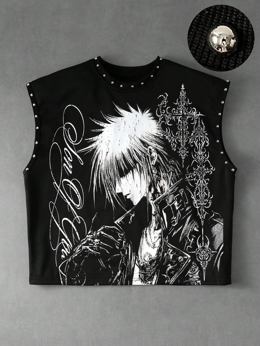 ROMWE MEN Street Life Camiseta sin mangas holgada con estampado y decoración de remaches para hombre - Negro - Ver 1