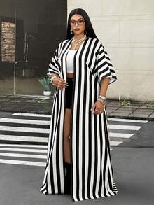 Maweii Spring Summer Autumn Casual Vacation Minimalist Elegant Sophisticated Fashion Niche Design New Essential Daily Wear Commute Business Black & White Striped Office Premium Plus Size Women's Jacket - Black and White - View 6