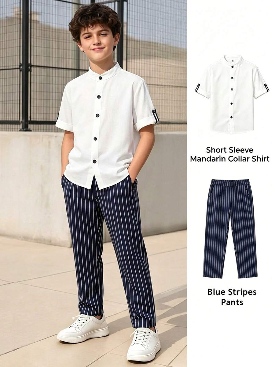 Vacaura 2件組男童夏季休閒立領百搭襯衫與純色極簡口袋長褲套裝,適合日常穿著與戶外穿搭 - 藏蓝色 - 查看 1