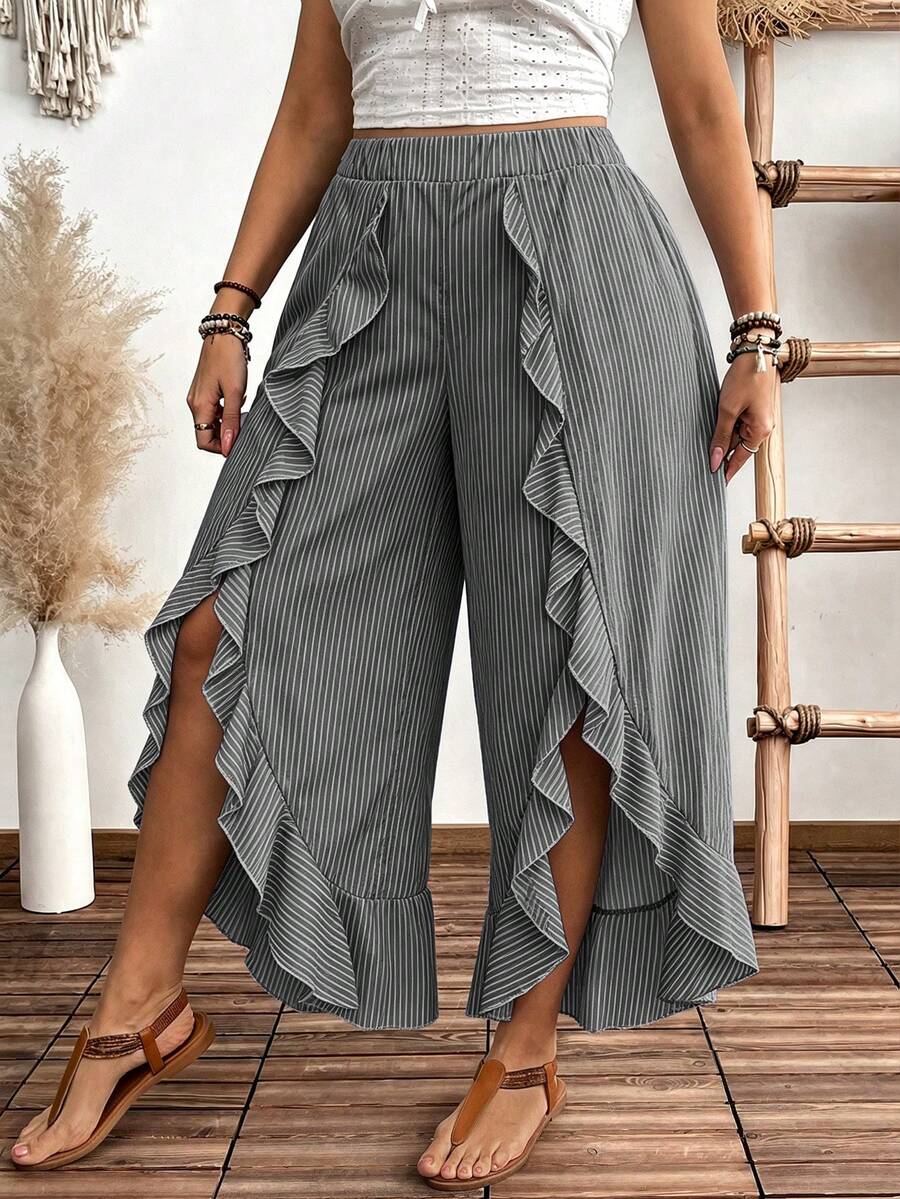Weeklong Plus Size Women's Floral Print Vacation Style Split Hem Ruffle Wide Leg Pants Fall - Grey - View 1