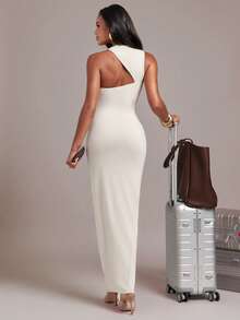 Hauture Women's Sexy Beaded Elegant Minimalist Casual Solid Color Asymmetric Neckline Body Fitted Maxi Dress Perfect For Summer Vacation Airport White - Beige - View 2
