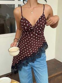 Serisse Women's Brown And White Polka Dot Contrast Lace Asymmetric Hem Cami Tank Top Night Out Sexy Summer Formal Business Chic Back To School - Brown - View 9