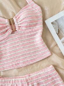 SHEIN Tween Girls Striped Halter Top & Shorts Set - Pink - View 4