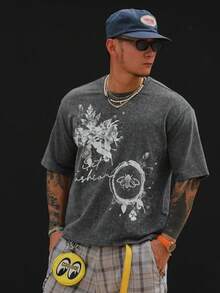 DAZY 深灰色水洗布料男士短版背後字母印花圖案T恤 夏季 - 深灰色 - 查看 7