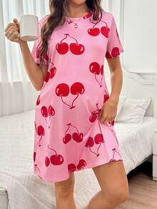 Moonlight&Mama Spring/Summer Minimalist Pink Cute Fun Cherry Print Maternity Loungewear Nightgown - Pink - View 6