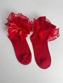 ROMWE Kawaii Women's Contrast Mesh Ruffle Trim Mid-Calf Socks - Big red A68 - View 3