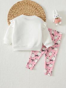 Cozy Pixies 女嬰幼兒女童萬聖節小鬼圖案針織柔軟圓領長袖荷葉袖套頭衛衣彈性腰長褲兩件套可愛套裝，適合外出、節日、派對等多種場合 - 彩色 - 查看 2