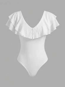 Rafferiza 女士休闲纯色荷叶边连体紧身衣，夏季 - 白色 - 查看 5