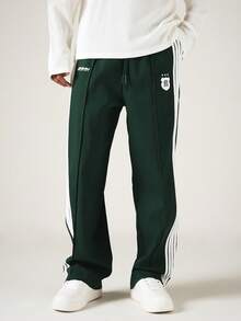 SUMWON Straight Leg Sweatpants With Side Stripe Detail And Drawstring Waist Casual Relaxed Fit Trousers - Green - View 4