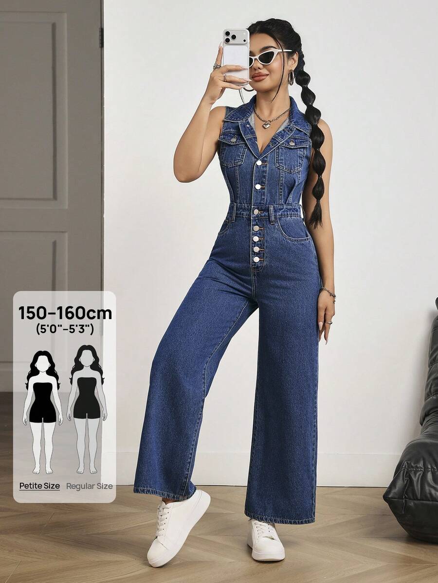 SHEIN PETITE 女款翻領鈕扣口袋休閒日常牛仔連身褲,適合嬌小女性 - 藍色 - 查看 1