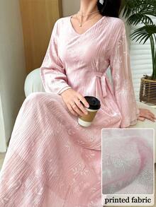 Yasmyna V-Neck Double-Sided Tie Multi-Layer Ruffle Cuff Foamed Print Pink Dress - Pink - View 2