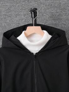 SHEIN 青少年男孩休閒黑色連帽拉鍊外套，附裝飾皮革貼片 - 黑色 - 查看 7