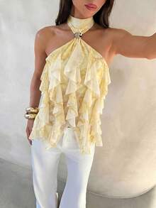 Aloruh Women's Elegant Multi-Layer Ruffle Trim Stand Collar Fitted Tank Top,Summer Top - Pale Yellow - View 6