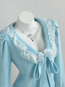 Elamini Lace Trim Design Small Lapel Tie-Front Cardigan - Blue - View 5