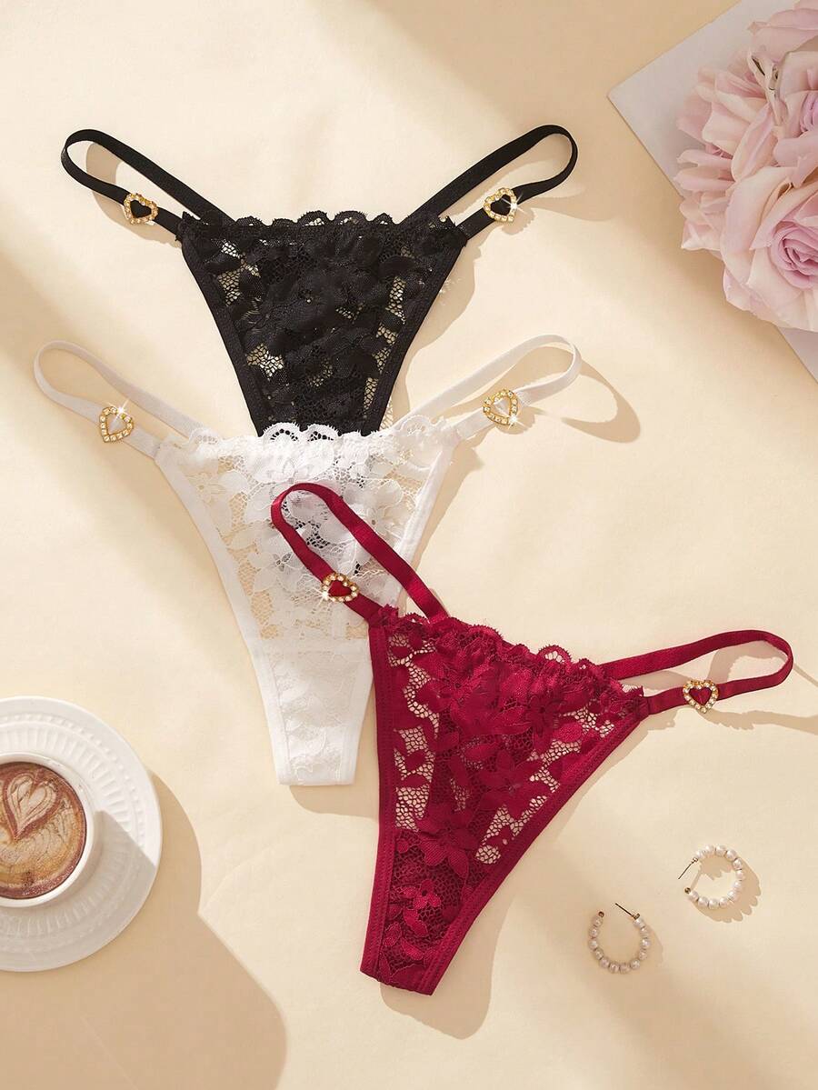Snug Zone 3pcs/Set Women's Heart-Shaped Rhinestone Lace Thong Panties - Multicolor - View 1