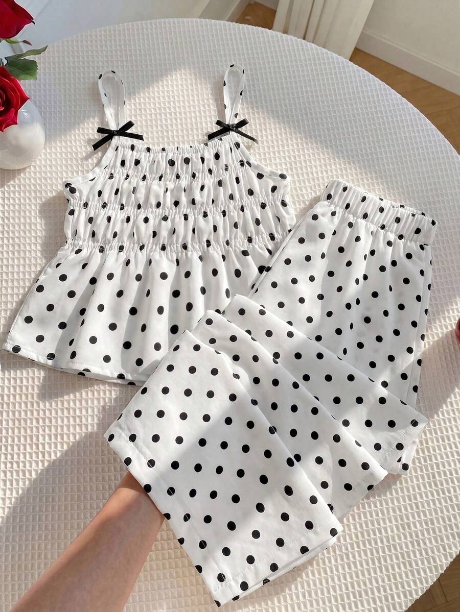 SHEIN 女童圓點編織細肩帶上衣配蝴蝶結與長褲 2件套 黑色與白色 休閒夏季校園可愛百搭度假上學 - 黑與白 - 查看 1
