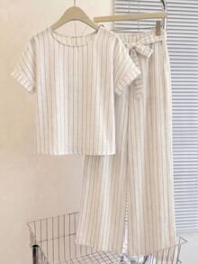 SHEIN LUNE 女款圓領條紋短袖上衣與長褲休閒日常兩件套 - 彩色 - 查看 5