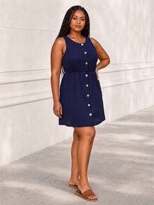 ELLERISSA Vestido mini de punto gofrado azul marino de talla grande con cuello redondo, sin mangas y botones delanteros - Azul Marino - Ver 3