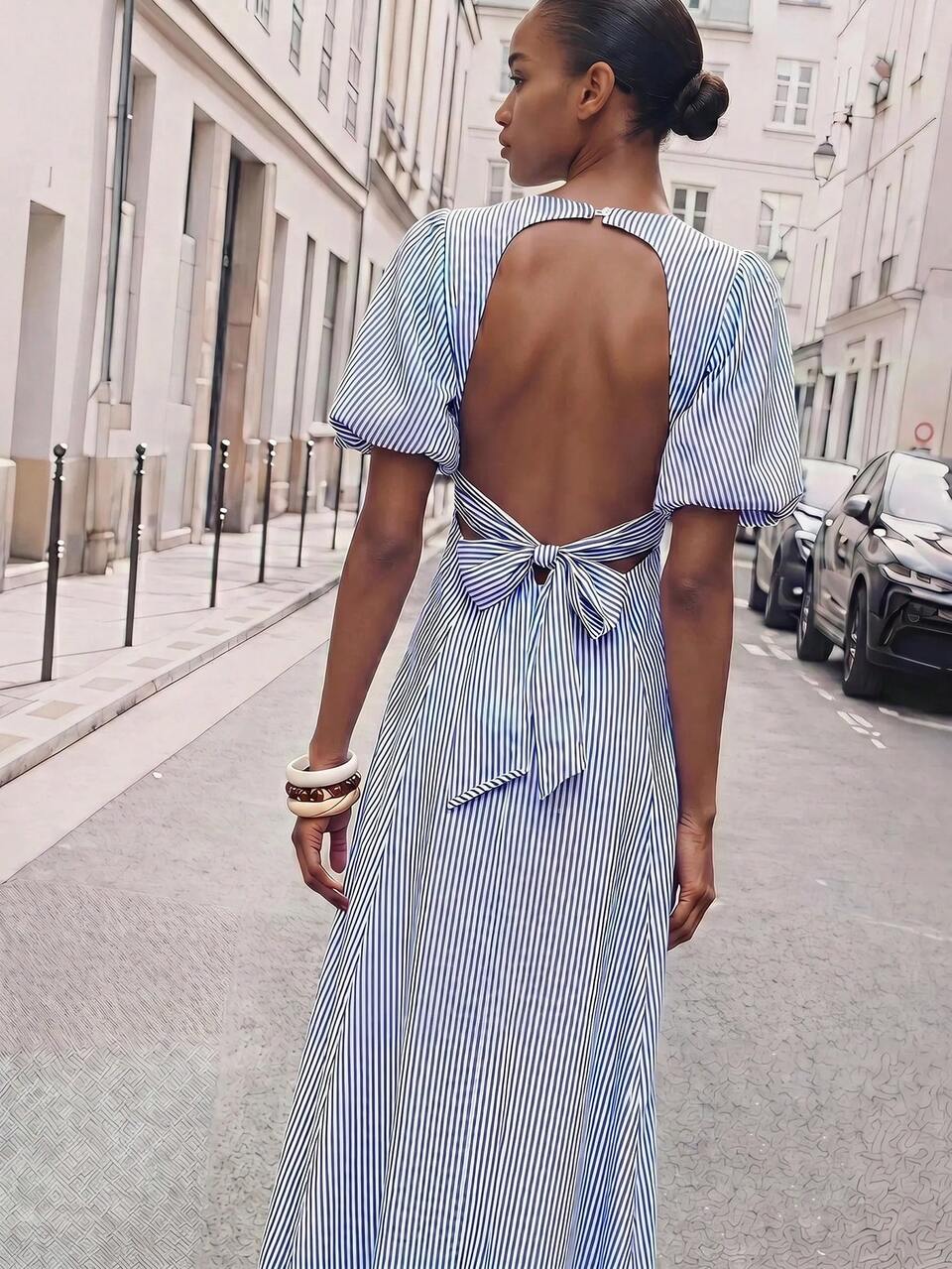 SHEIN Maija Women's Casual Striped Blue & White Puff Sleeve Backless Midi Dress, Teacher Fashion Versatile Outing, Graduation Autumn Outfit Halloween