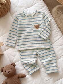 SHEIN Baby Boy Striped Waffle Knit Set, Cute Teddy Bear Pocket Long Sleeve T-Shirt & Pants 2pcs Outfit, Infant Toddler Casual Autumn - Baby Blue - View 7